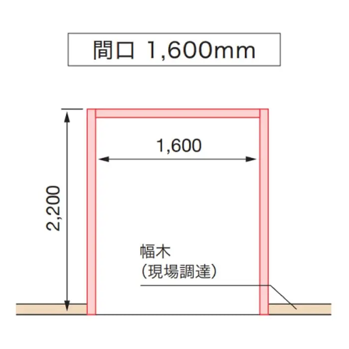 三方枠の間口1600mm・高さ2200mmを示す納まり図
