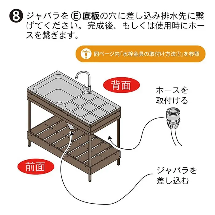 完成後、もしくは使用時にホースを繋ぎます。
