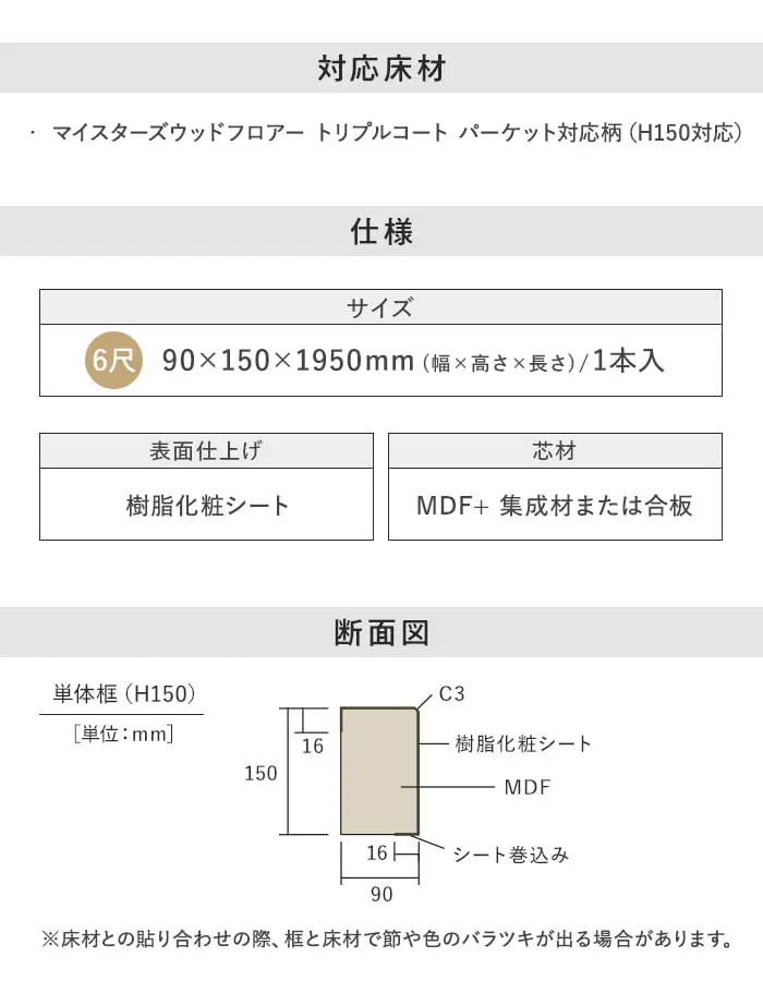 框 パナソニック 単体框 マイスターズウッド(シート仕上げ)対応 90×150×1950mm【掲載品番】KHAS12SLY / KHAS12SBY / KHAS12SEY / KHAS12SWY
