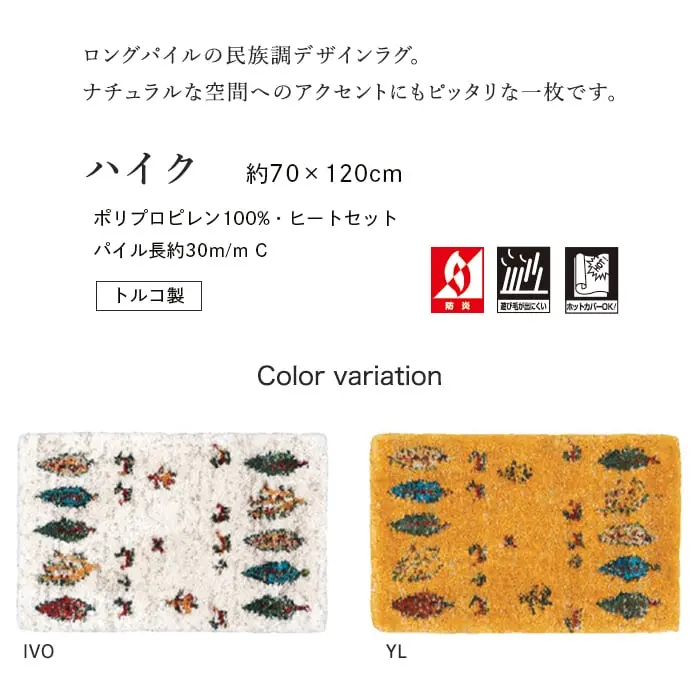 ロングパイルの民族調デザインラグ。
