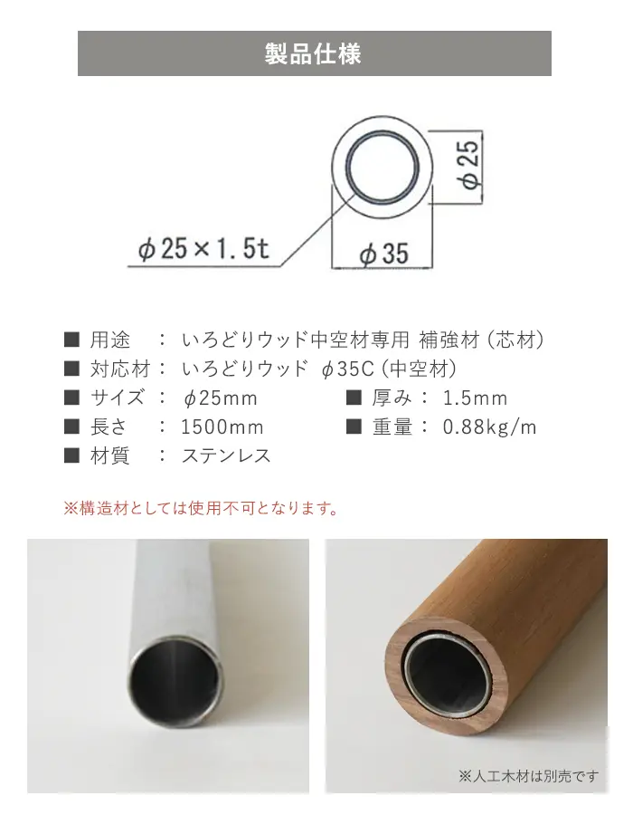 いろどりウッド 中空材専用 補強材(芯材) φ35C用【掲載品番】HOKYO-35C
