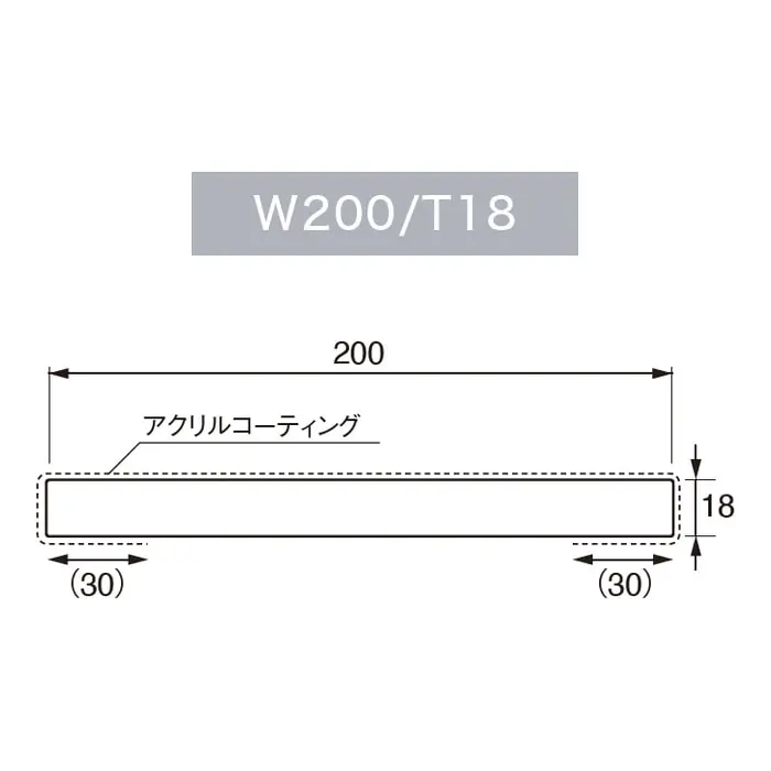 ムク三方枠の幅200mm・厚さ18mmを示す断面図