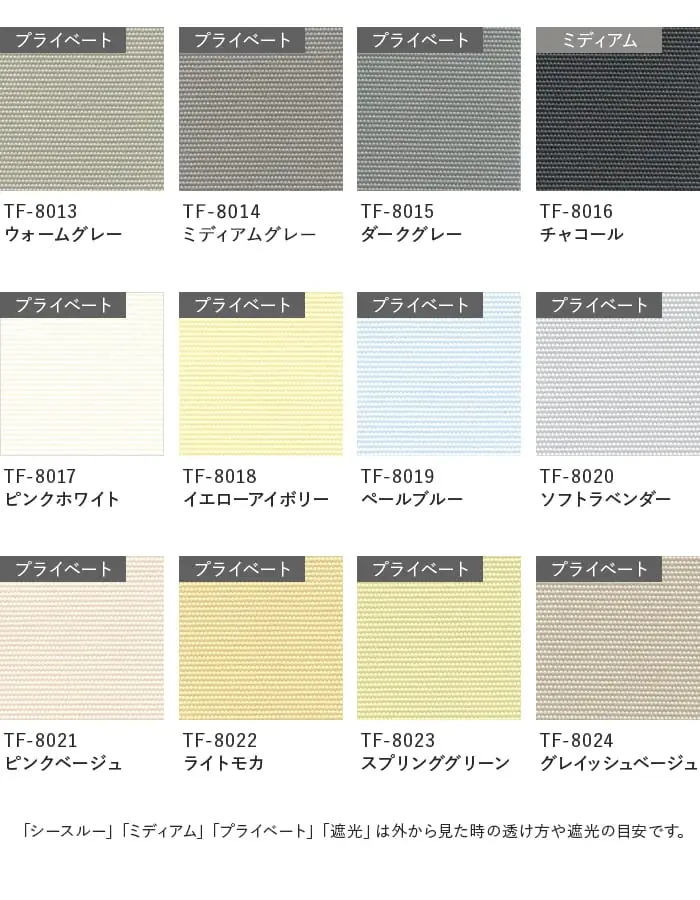 「シースルー」「ミディアム」「プライベート」「遮光」は外から見た時の透け方や遮光の目安です