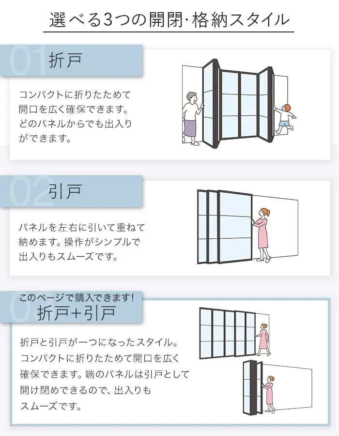 選べる3つの開閉・格納スタイル