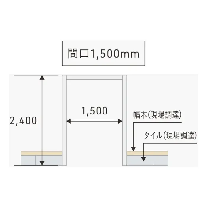 玄関用三方枠の間口1500mm・高さ2400mmを示す図