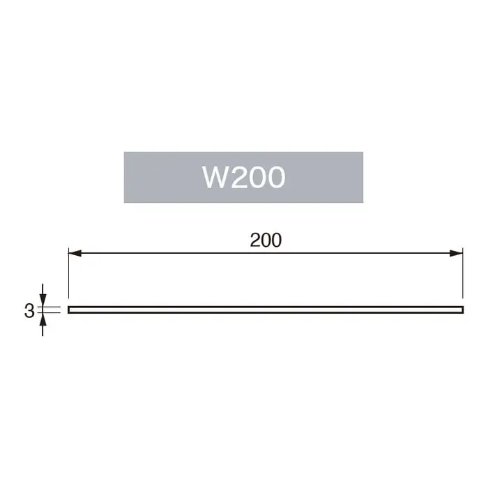 ひら板の幅200mm・厚さ3mmを示す断面図