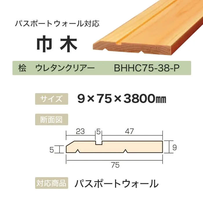 ボード パスポートウォール対応 巾木 9×75×3800mm 桧 ウレタンクリアー【掲載品番】BHHC75-38-P