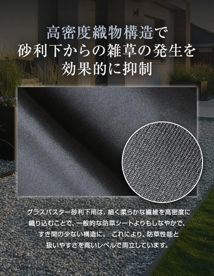 高密度織物構造で砂利下からの雑草の発生を効果的に抑制