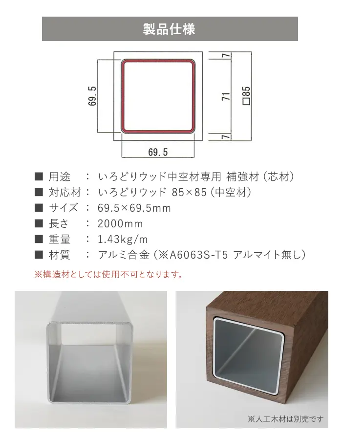 いろどりウッド 中空材専用 補強材(芯材) 85×85用【掲載品番】HOKYO-8585C