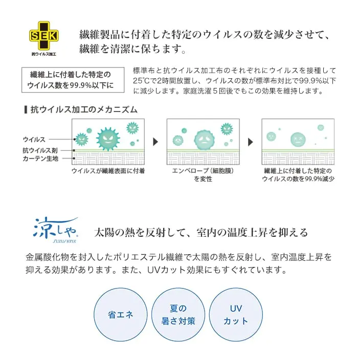 繊維製品に付着した特定のウイルスの数を減少させて、繊維を清潔に保ちます。