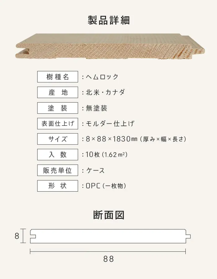 【法人・個人事業主様専用】 羽目板 ヘムロック 米栂 8×88×1830mm 10枚入 無塗装【掲載品番】EF-HM-1830