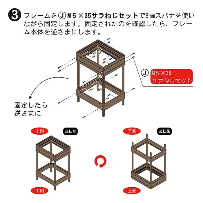固定されたのを確認したら、フレーム本体を逆さまにします。