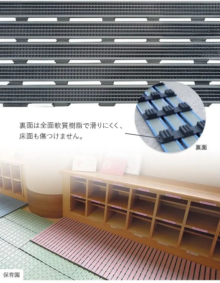 裏面は全面軟質樹脂で滑りにくく、床面も傷つけません。