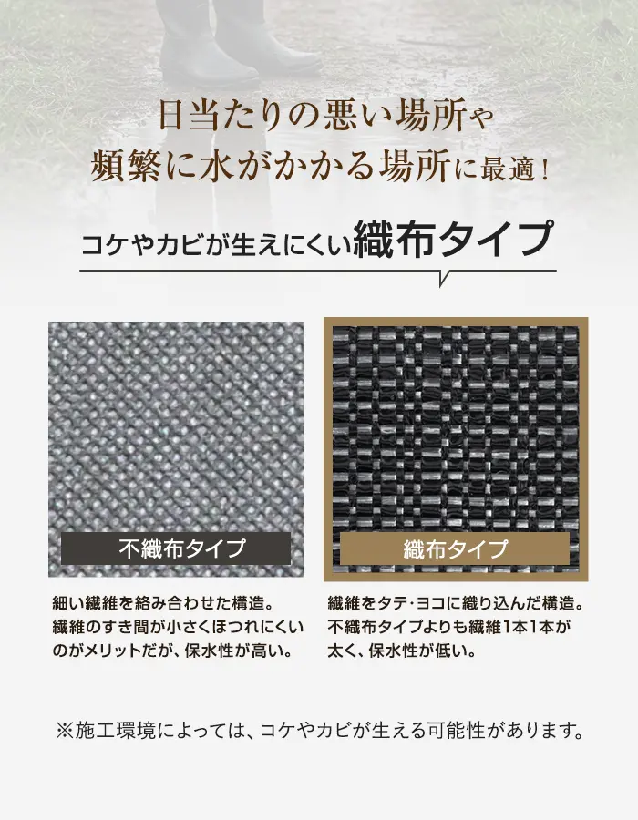 コケやカビが生えにくい織布タイプ