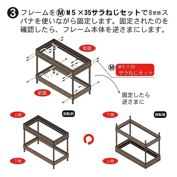固定されたのを確認したら、フレーム本体を逆さまにします。