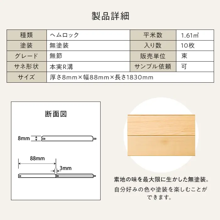 ヘムロック 羽目板 無塗装 無節 本実R溝加工 8×88×1830mm (10枚入り)【掲載品番】B1-HM-HAMEITA