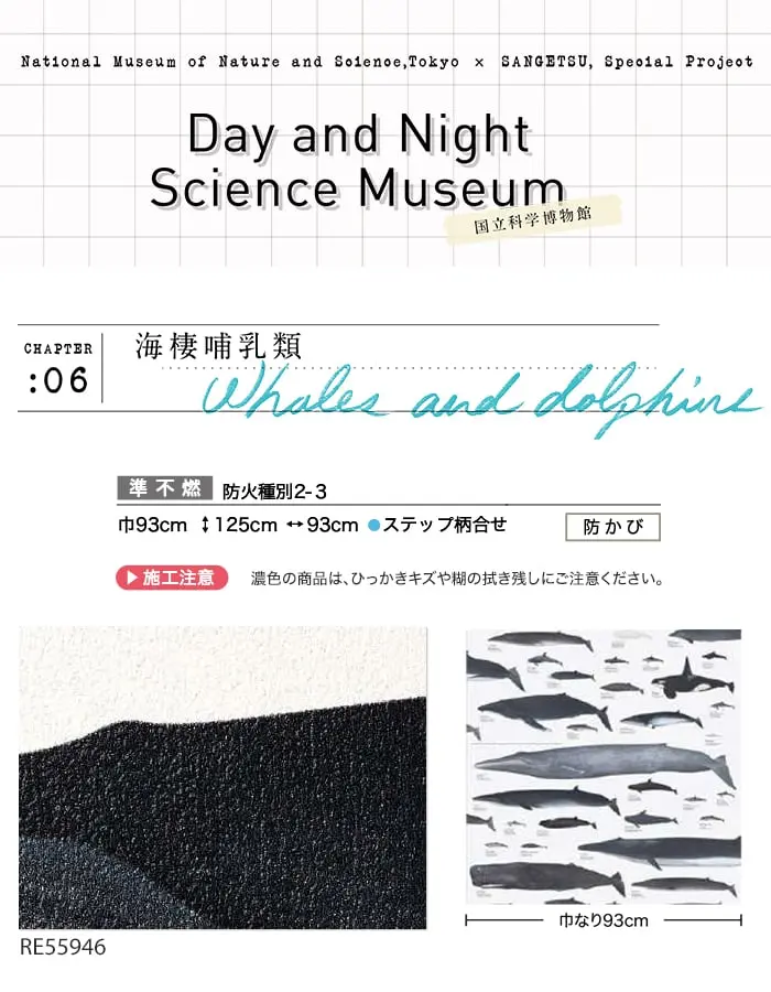壁紙 のり無し サンゲツ リザーブ 国立博物館 Whales and dolphines 巾93cm【掲載品番】RE55946