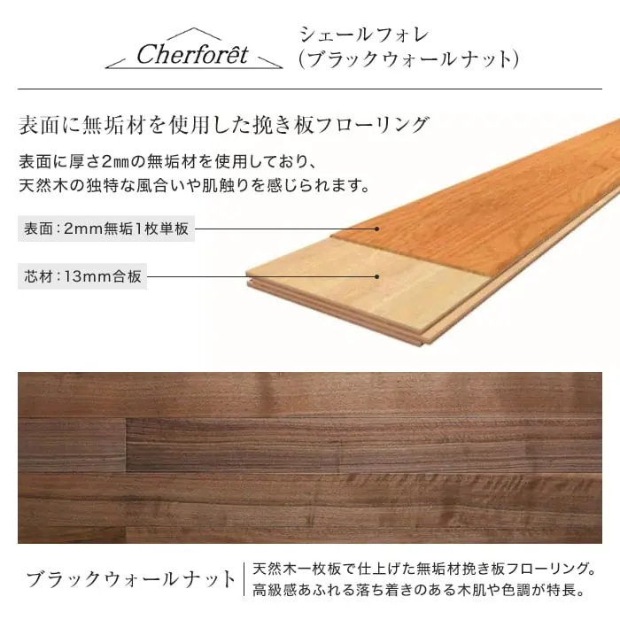 表面に無垢材を使用した挽き板フローリング