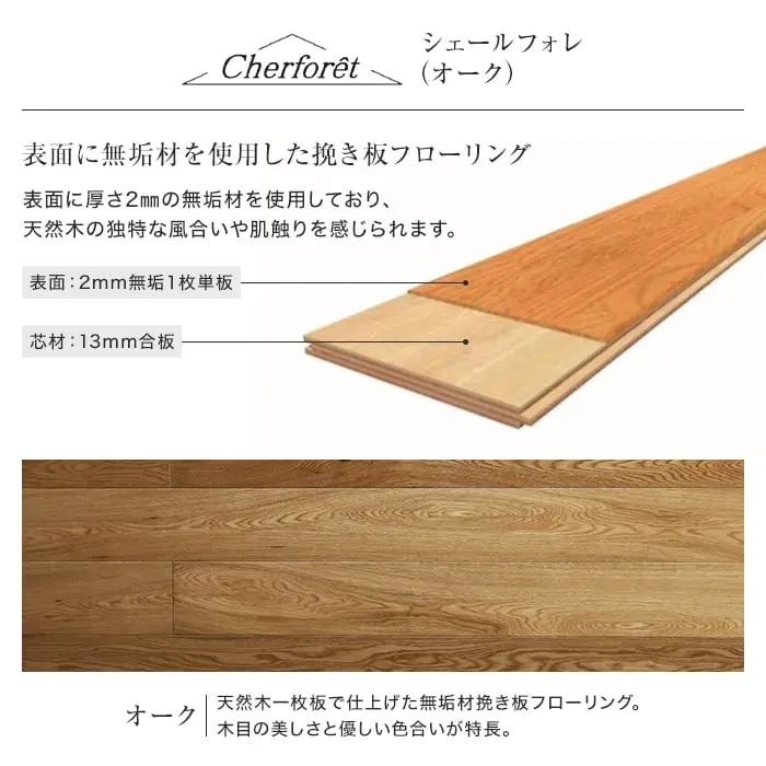 表面に無垢材を使用した挽き板フローリング
