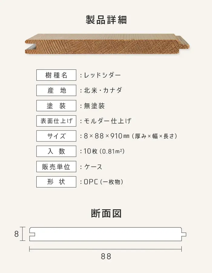羽目板 レッドシダー 米杉 8×88×910mm 10枚入 無塗装【掲載品番】EF-RC-910