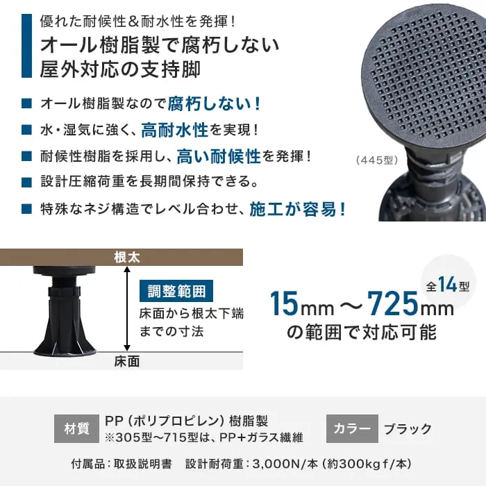 オール樹脂製で腐朽しない屋外対応の支持脚