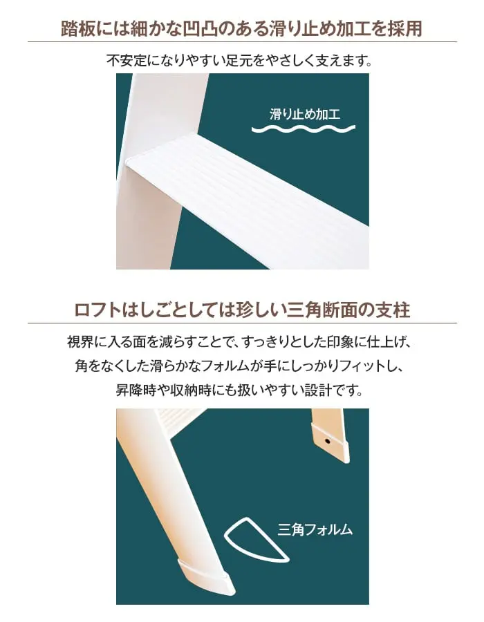 滑り止め加工の踏板と三角断面の支柱