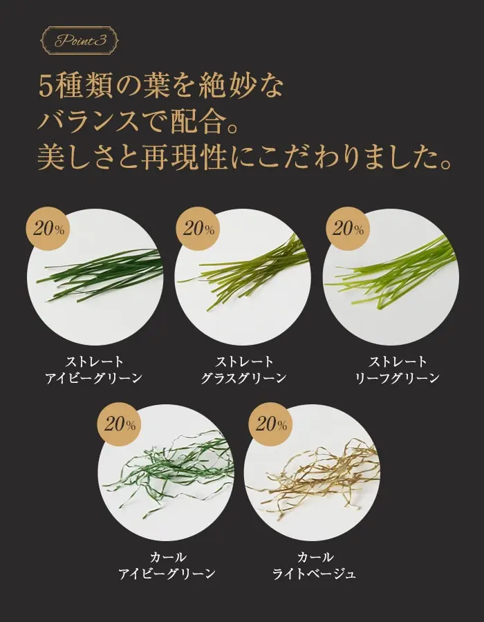 5種類の葉を絶妙なバランスで配合。美しさと再現性にこだわりました。