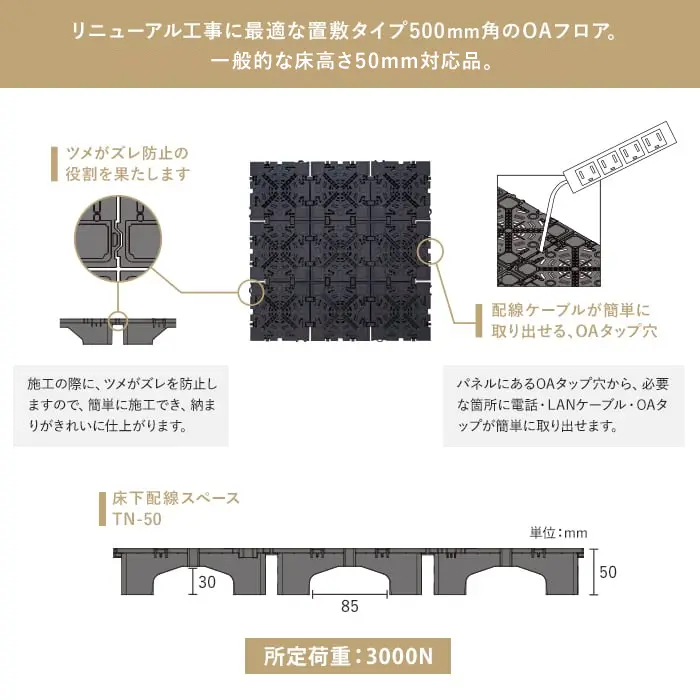 リニューアル工事に最適な置数タイプ500mm角のOAフロア