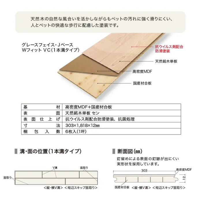 天然木の自然な風合いを活かしながらもペットの汚れに強く滑りにくい、人とペットの快適な歩行に配慮した塗装です。