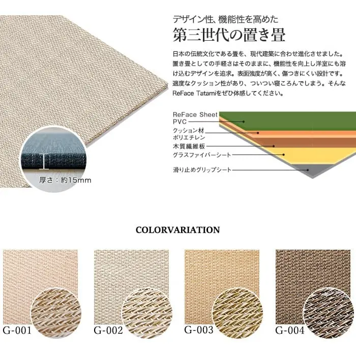 置き畳 高機能 ReFace Tatami Grace 820×820×約15mm厚 同柄3枚セット【掲載品番】G-001 / G-002 / G-003 / G-004