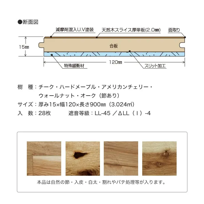本品は自然の節・入皮・白太・割れやパテ処理等が入ります。