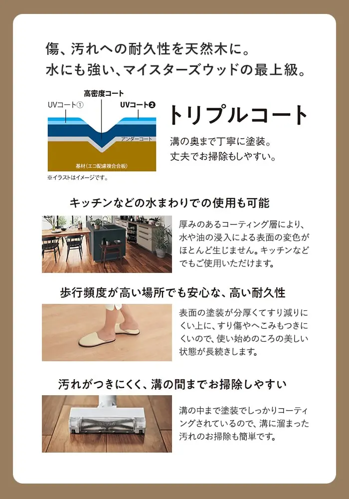 傷、汚れへの耐久性を天然木に。水にも強い、マイスターズウッドの最上級。