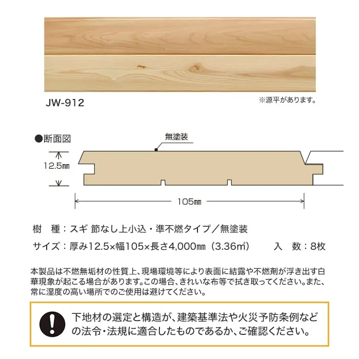 ウッドパネル 板壁材 ボード パスポートウォール 準不燃タイプ スギ 節なし【掲載品番】JW-912