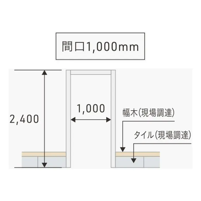玄関用三方枠の間口1000mm・高さ2400mmを示す図