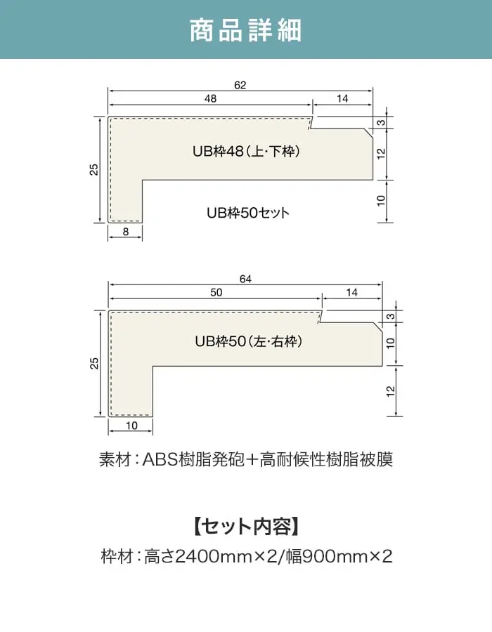 UB枠 50 3方枠セット 2100×900 集合住宅用 ユニットバス開口枠 マイルドホワイト【掲載品番】UBM50AB-32123 / UBM50AB-32122 / UBM50AB-32169