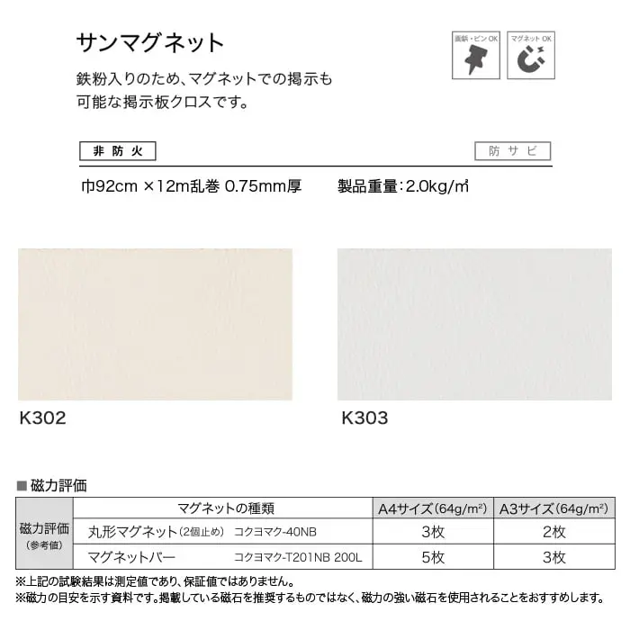 サンゲツ 掲示板用壁装材 サンマグネット【掲載品番】K302 / K303