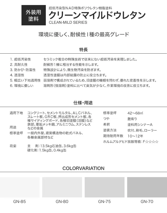 ウレタン塗料 エスケー化研 クリーンマイルドウレタン 15kg 淡彩【掲載品番】GN-85 / GN-80 / GN-75 / GN-70
