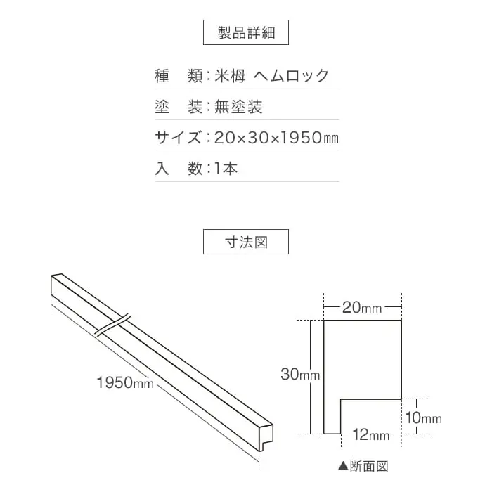 羽目板 壁用見切り 12mm用 米栂 ヘムロック 溝加工あり 20mm×30mm×1950mm【掲載品番】SYM-MKR-BT-12-M