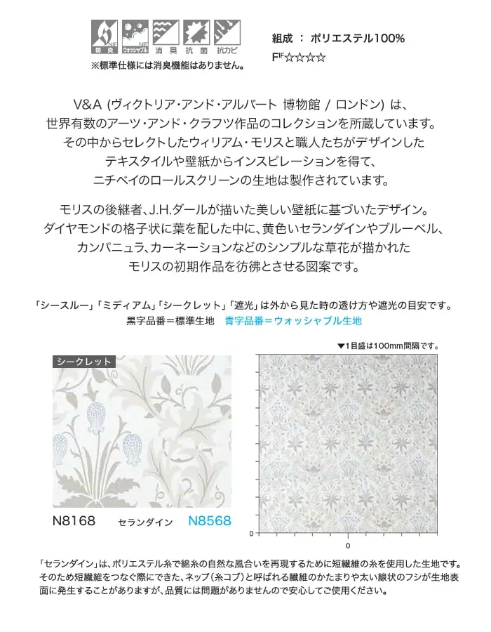 「シースルー」「ミディアム」「シークレット」「遮光」は外から見た時の透け方や遮光の目安です。