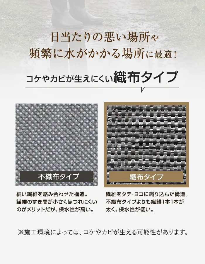 コケやカビが生えにくい織布タイプ