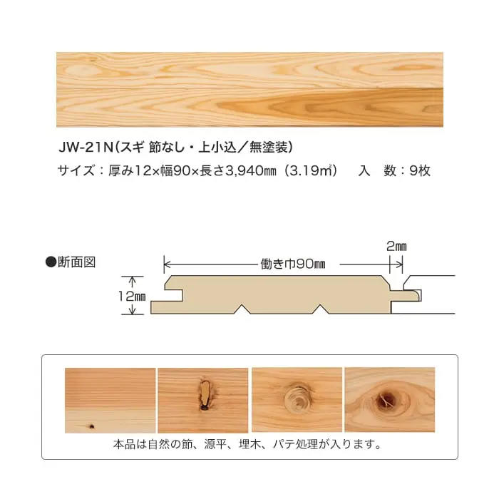 ウッドパネル 板壁材 ボード BOARD パスポートウォール スギ 節なし 無塗装【掲載品番】JW-21N