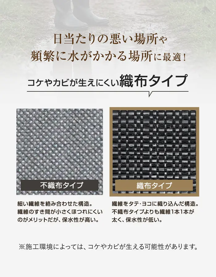 コケやカビが生えにくい織布タイプ