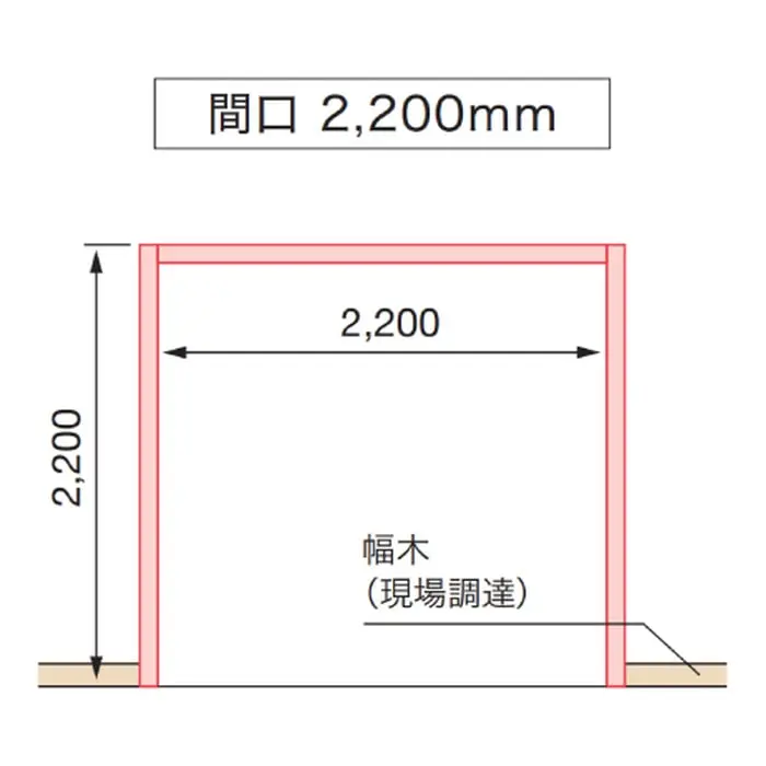 三方枠の間口2200mm・高さ2200mmを示す納まり図