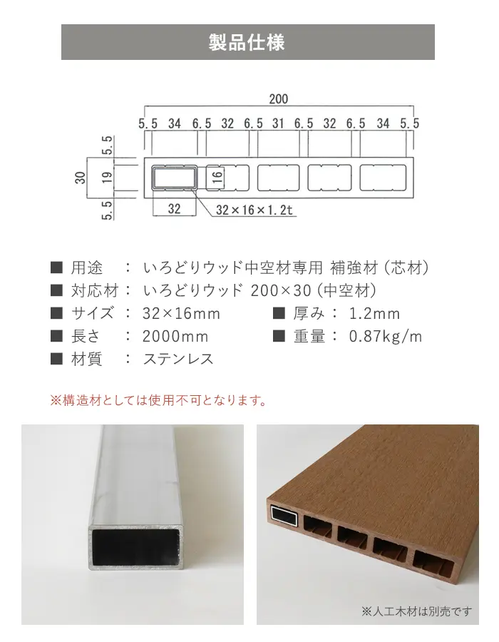 いろどりウッド 中空材専用 補強材(芯材) 200×30用【掲載品番】HOKYO-20030C