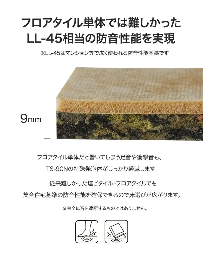 フロアタイル単体では難しかったLL-45相当の防音性能を実現
