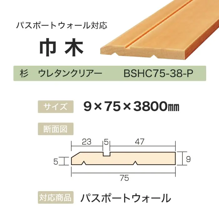 ボード パスポートウォール対応 巾木 9×75×3800mm 杉 ウレタンクリアー【掲載品番】BSHC75-38-P