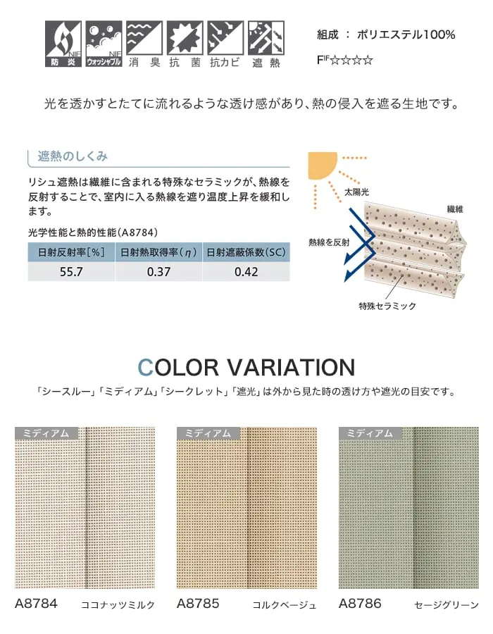 光を透かすとたてに流れるような透け感があり、熱の侵入を遮る生地です。