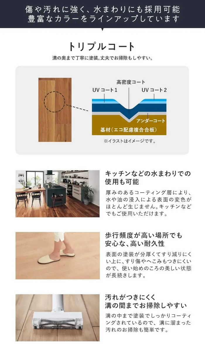 傷や汚れに強く、水まわりにも採用可能豊富なカラーをラインアップしています