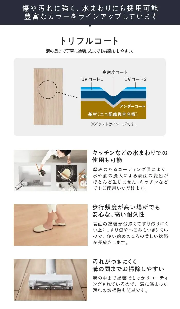 傷や汚れに強く、水まわりにも採用可能豊富なカラーをラインアップしています
