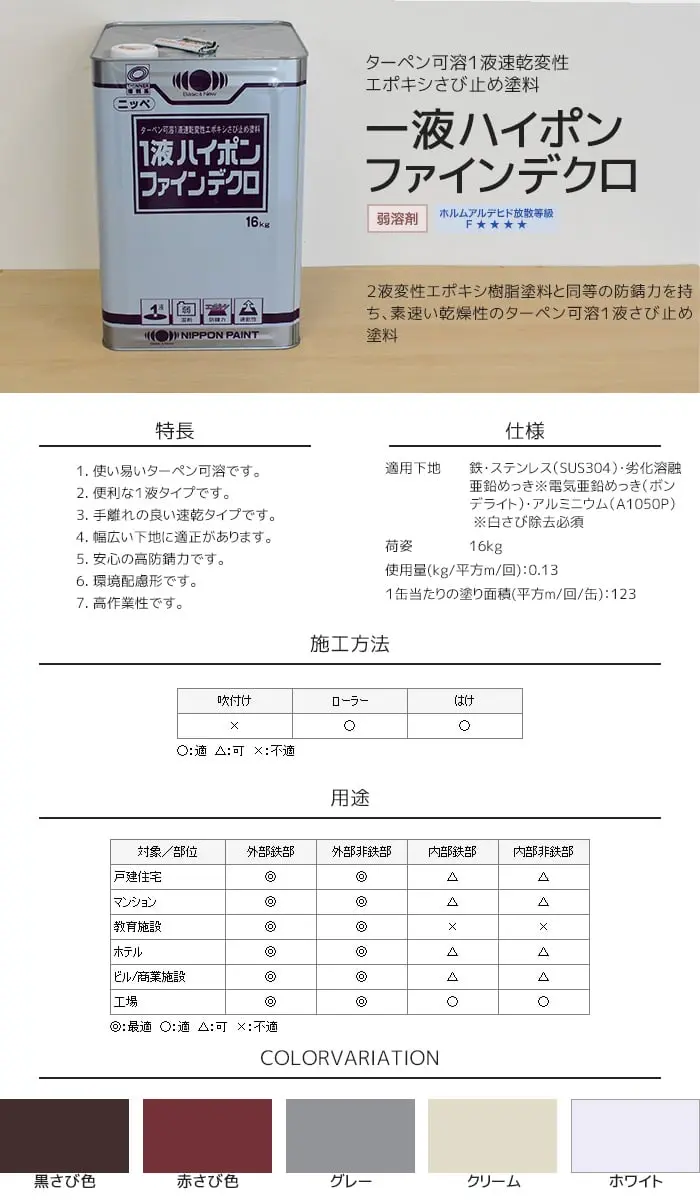 錆止め塗料 一液ハイポンファインデクロ 日本ペイント 16kg【掲載品番】NP-HD-BL / NP-HD-RD / NP-HD-GL / NP-HD-KM / NP-HD-WT
